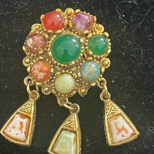 Vintage Gold Brooch with genuine Multicolor Gem Stones